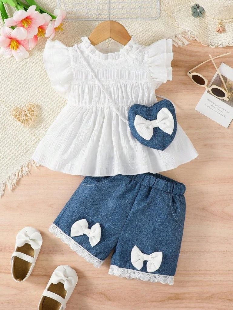 Baby 3 Piece Fashion Ruffle Top And Shorts With Bag Set