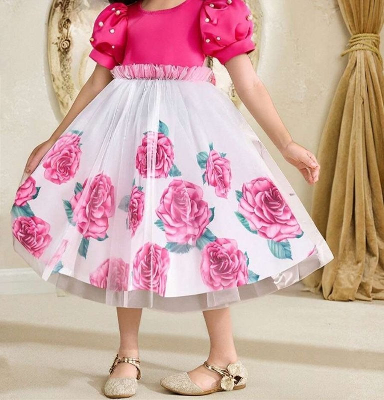 Toddler Girls Rose Print Tulle Princess Dress