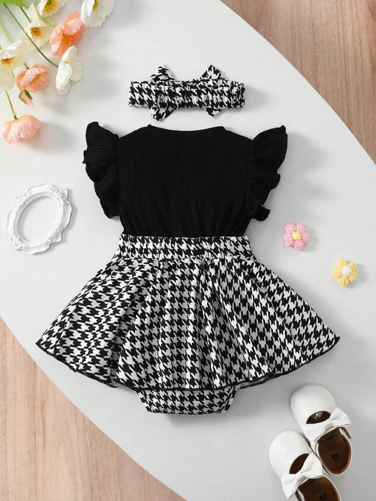 Baby Black And White Frilled Sleeve Bodysuit Dress Set