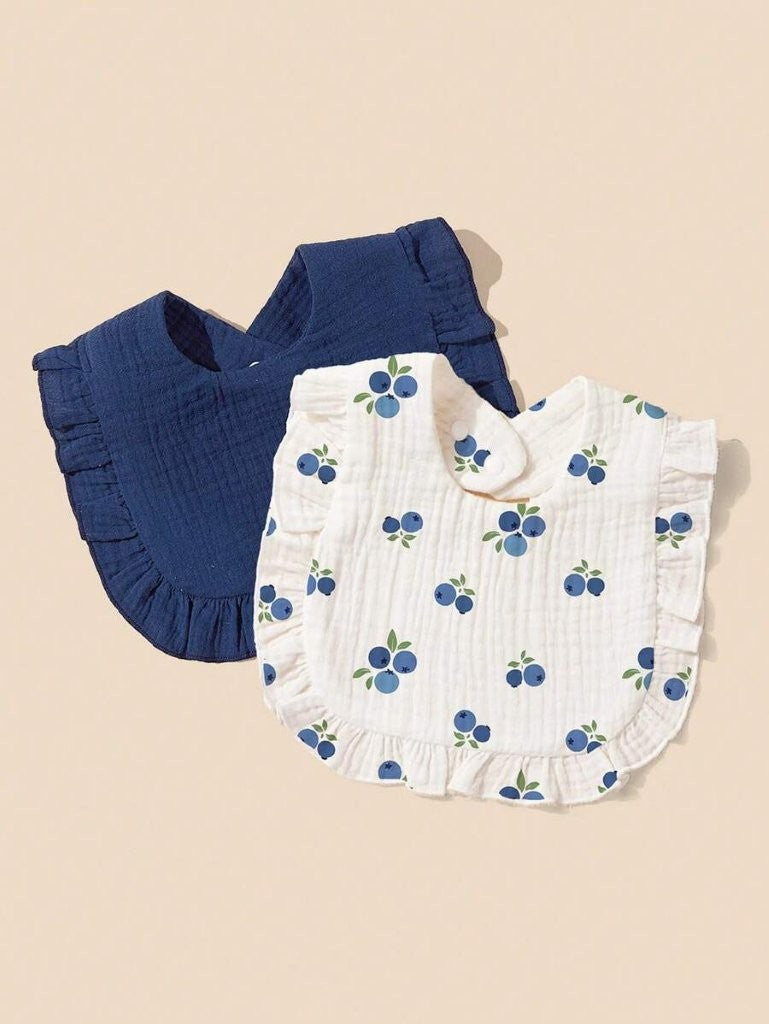 100% Cotton Stylish Ruffle Trim Bibs 2 Piece Blueberry