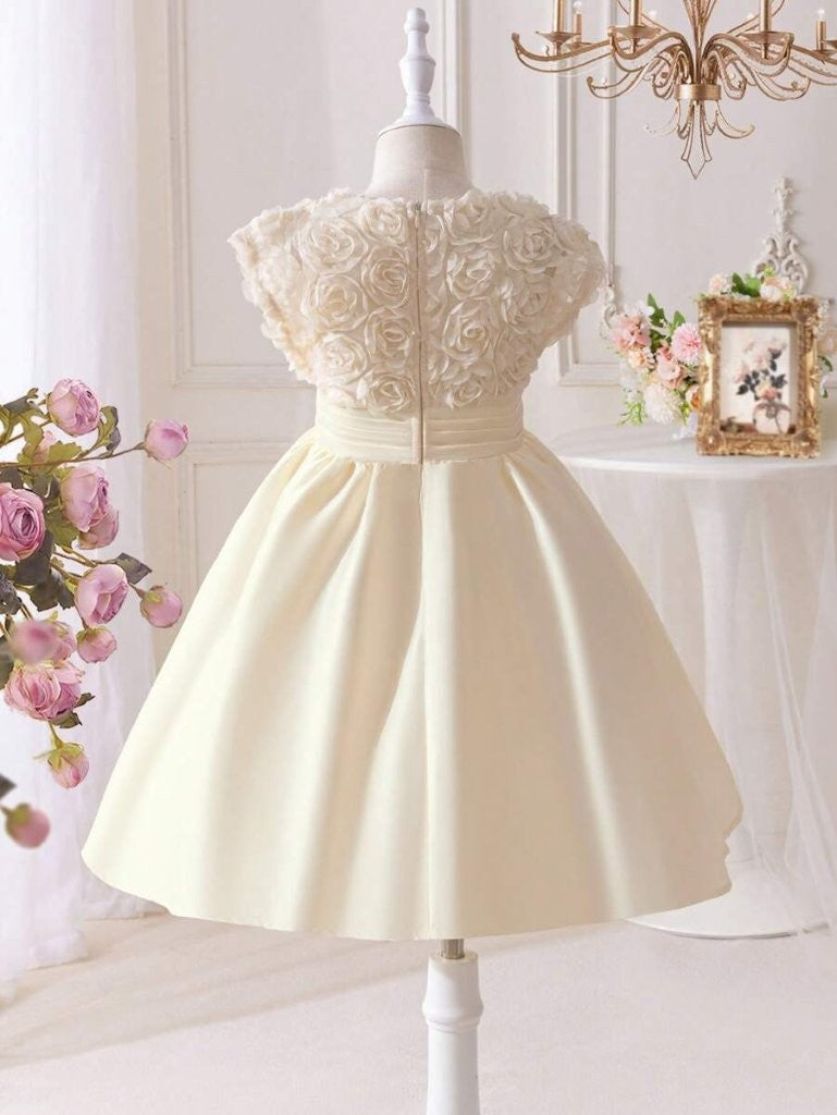 Toddler Girls 3D Rose Pattern V Neck Dress Apricot