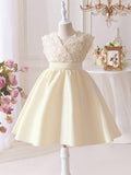 Toddler Girls 3D Rose Pattern V Neck Dress Apricot
