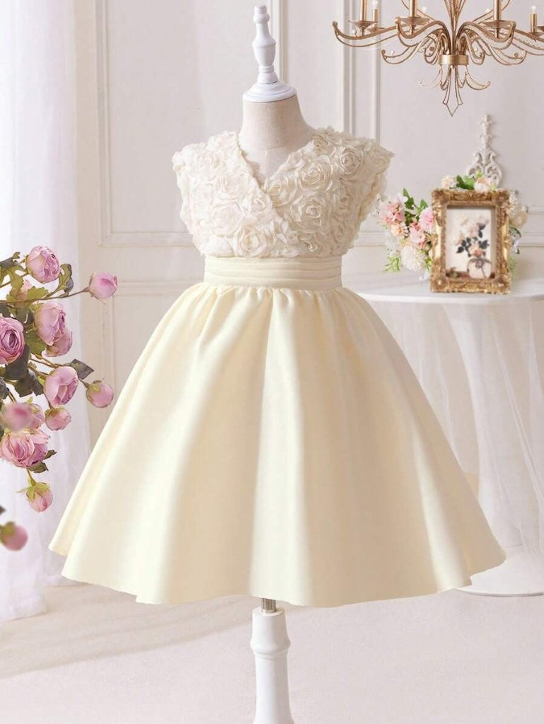 Toddler Girls 3D Rose Pattern V Neck Dress Apricot