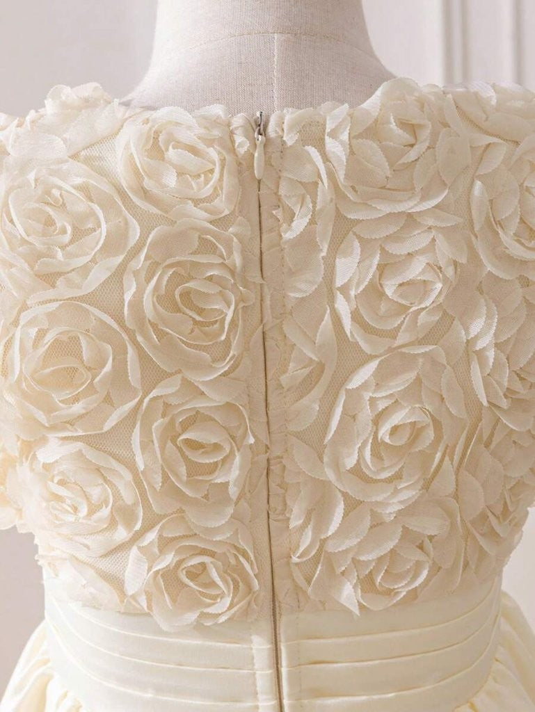 Toddler Girls 3D Rose Pattern V Neck Dress Apricot