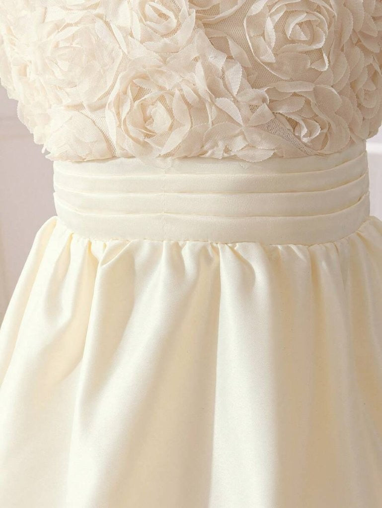 Toddler Girls 3D Rose Pattern V Neck Dress Apricot
