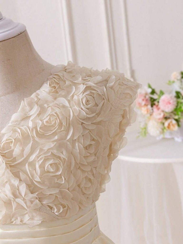 Toddler Girls 3D Rose Pattern V Neck Dress Apricot