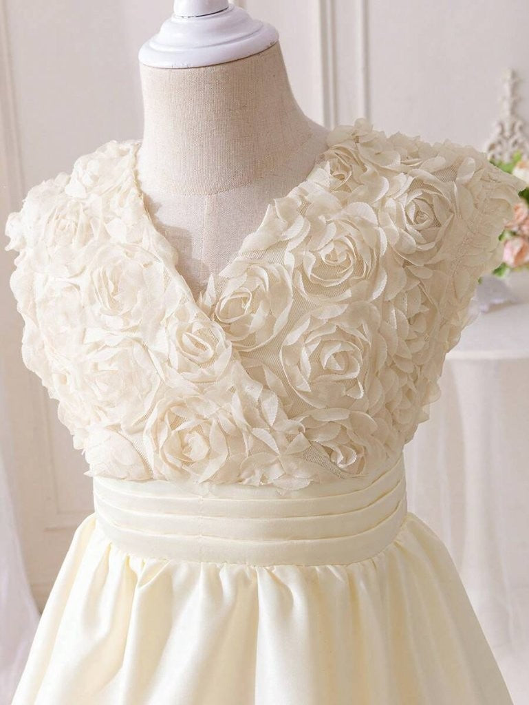 Toddler Girls 3D Rose Pattern V Neck Dress Apricot