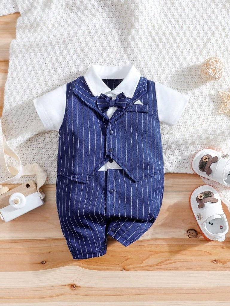 Baby Striped 2 In 1 Bow Tie Romper Navy Blue
