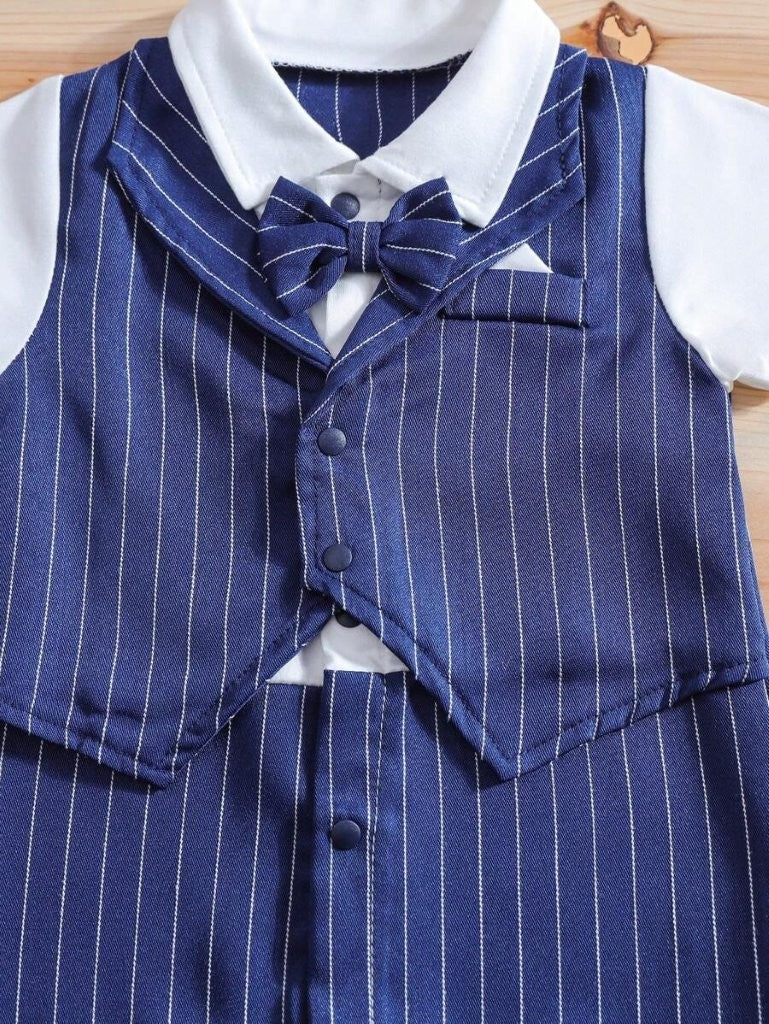 Baby Striped 2 In 1 Bow Tie Romper Navy Blue
