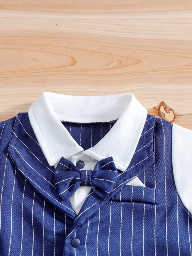 Baby Striped 2 In 1 Bow Tie Romper Navy Blue
