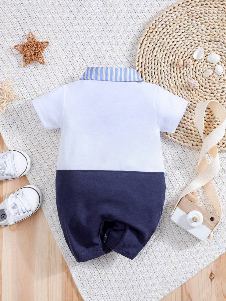 Baby 2 in 1 Short Sleeve Stripe Collar Jumpsuit Blue