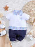 Baby 2 in 1 Short Sleeve Stripe Collar Jumpsuit Blue