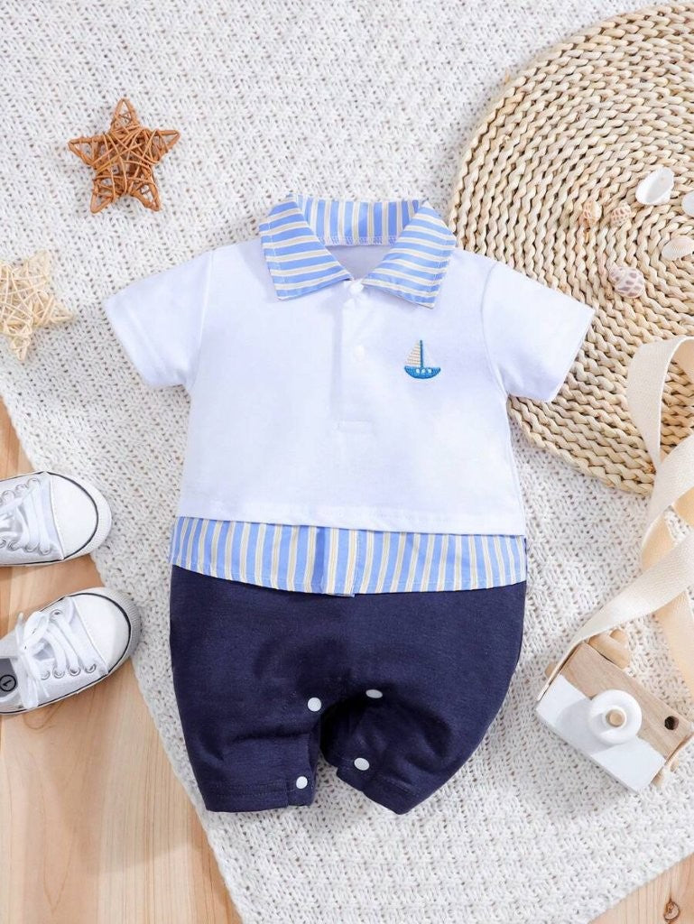 Baby 2 in 1 Short Sleeve Stripe Collar Jumpsuit Blue