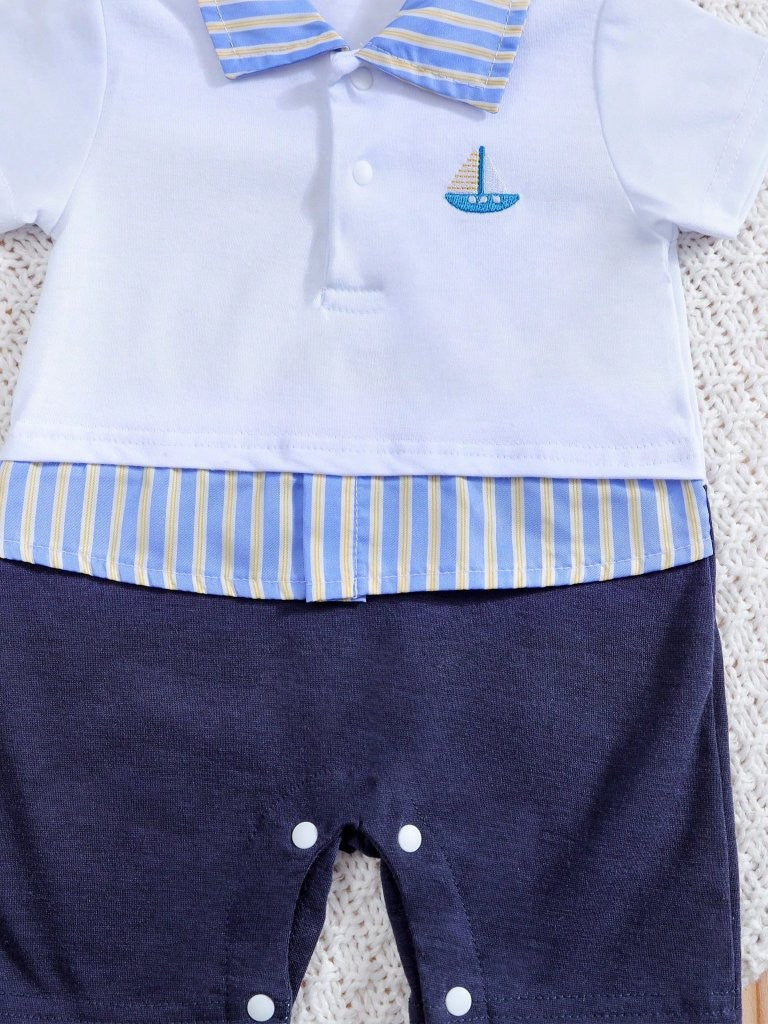 Baby 2 in 1 Short Sleeve Stripe Collar Jumpsuit Blue