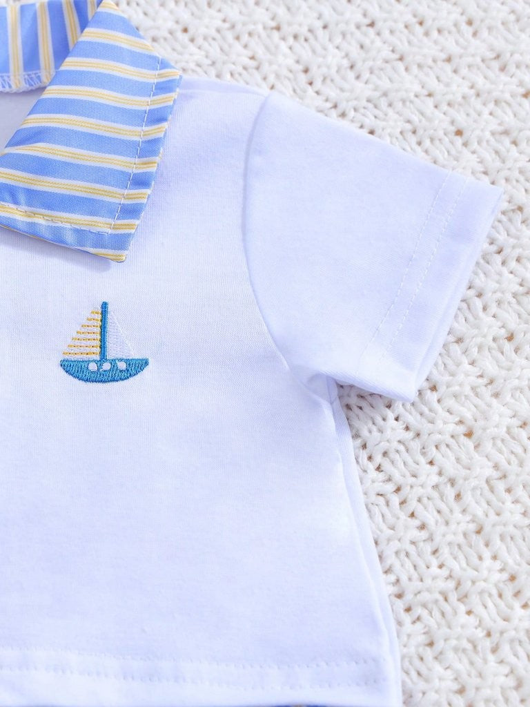 Baby 2 in 1 Short Sleeve Stripe Collar Jumpsuit Blue