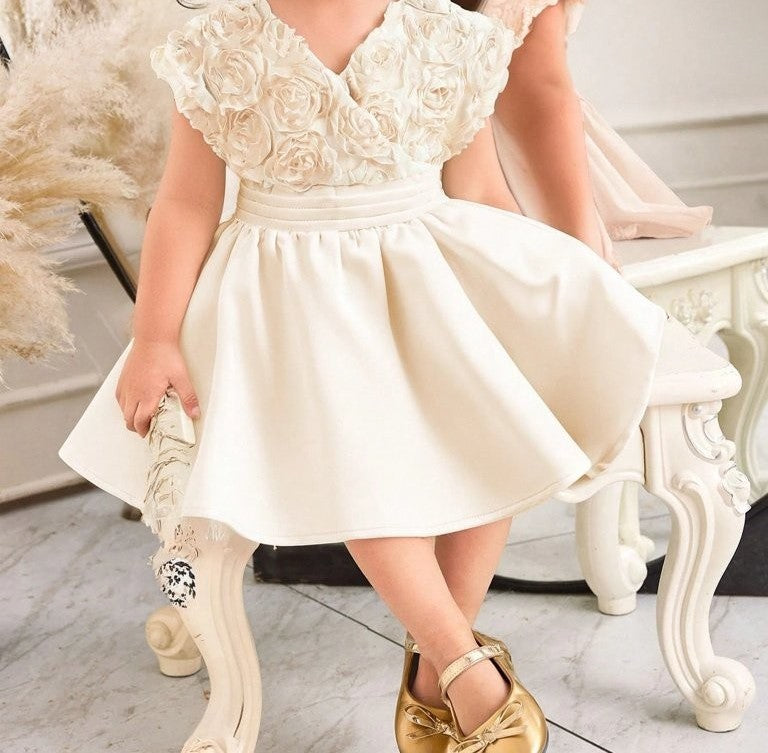 Baby 3D Rose Pattern V Neck Dress Apricot