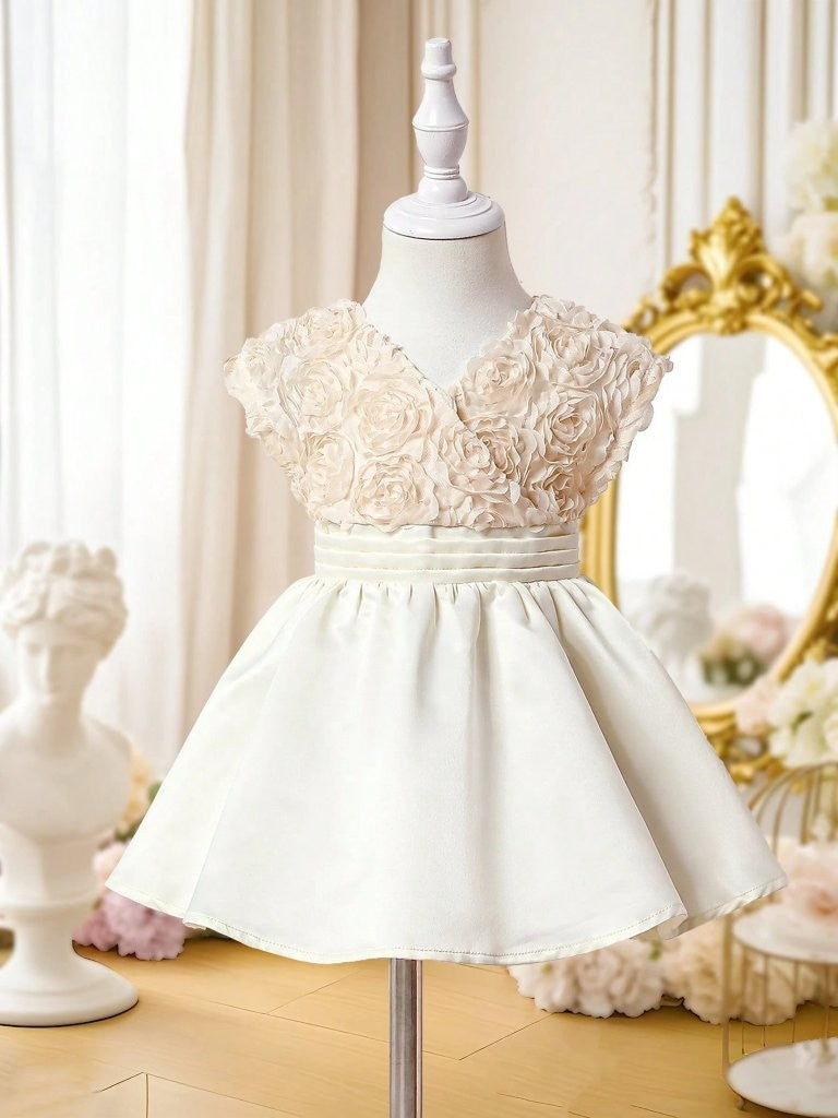 Baby 3D Rose Pattern V Neck Dress Apricot