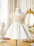 Baby 3D Rose Pattern V Neck Dress Apricot