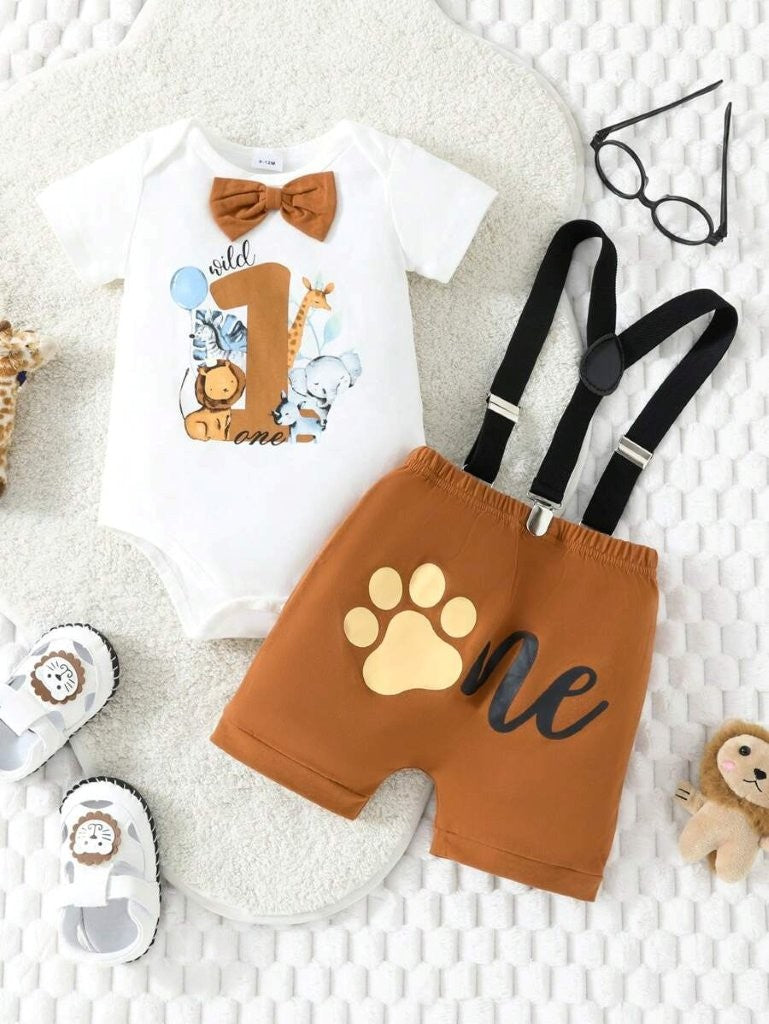 Baby Animals Print One Year Old Birthday Outfit