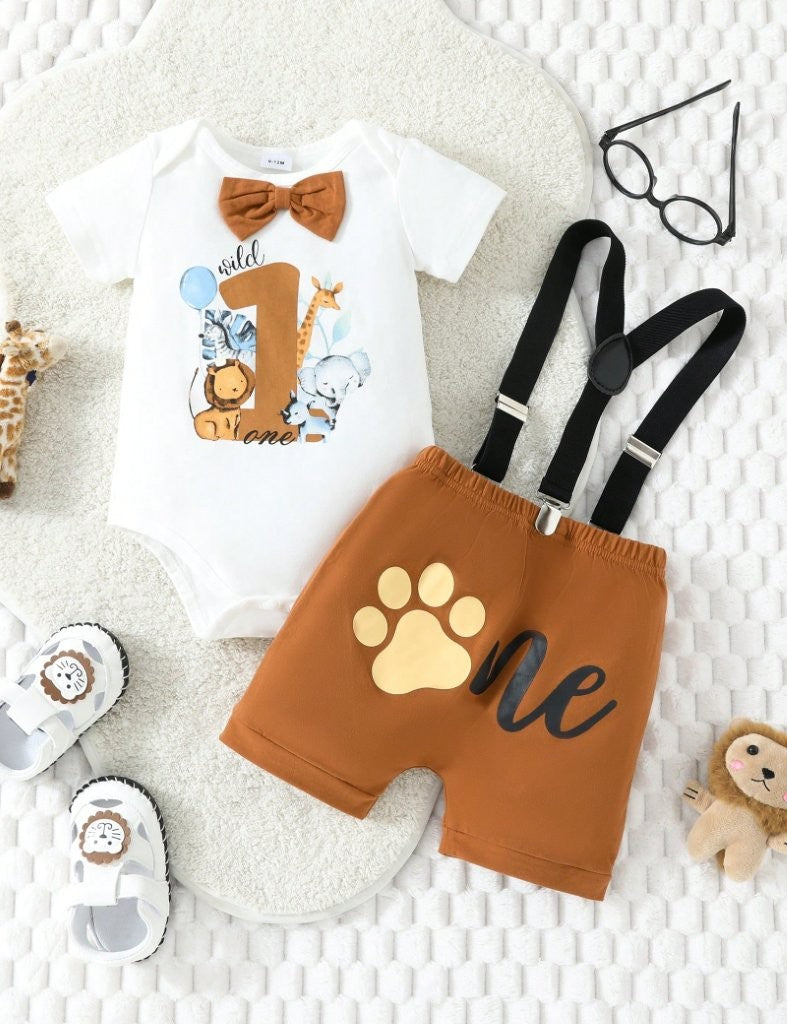 Baby Animals Print One Year Old Birthday Outfit