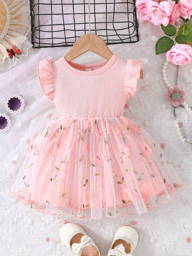 Baby Pink 3D Short Sleeve Flower Dress