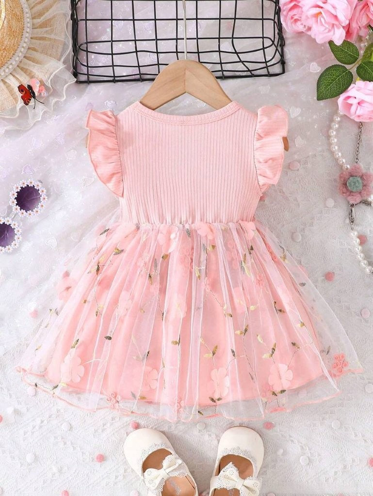Baby Pink 3D Short Sleeve Flower Dress