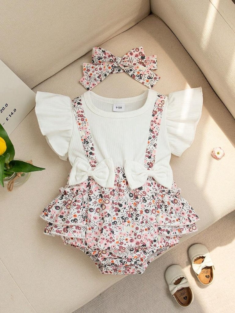 Baby Cute Floral Pattern Bodysuit Dress With Headband