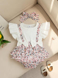 Baby Cute Floral Pattern Bodysuit Dress With Headband
