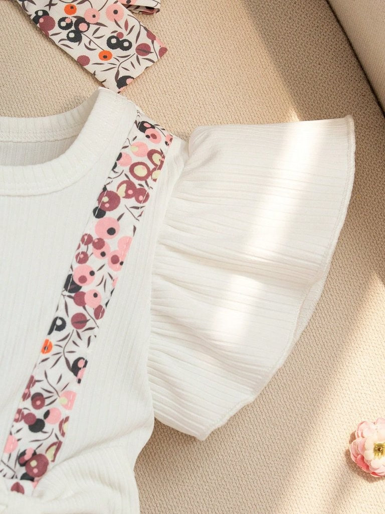 Baby Cute Floral Pattern Bodysuit Dress With Headband