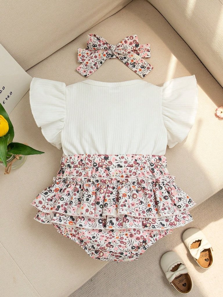 Baby Cute Floral Pattern Bodysuit Dress With Headband