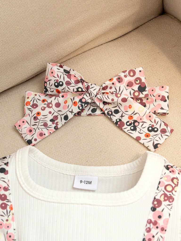 Baby Cute Floral Pattern Bodysuit Dress With Headband