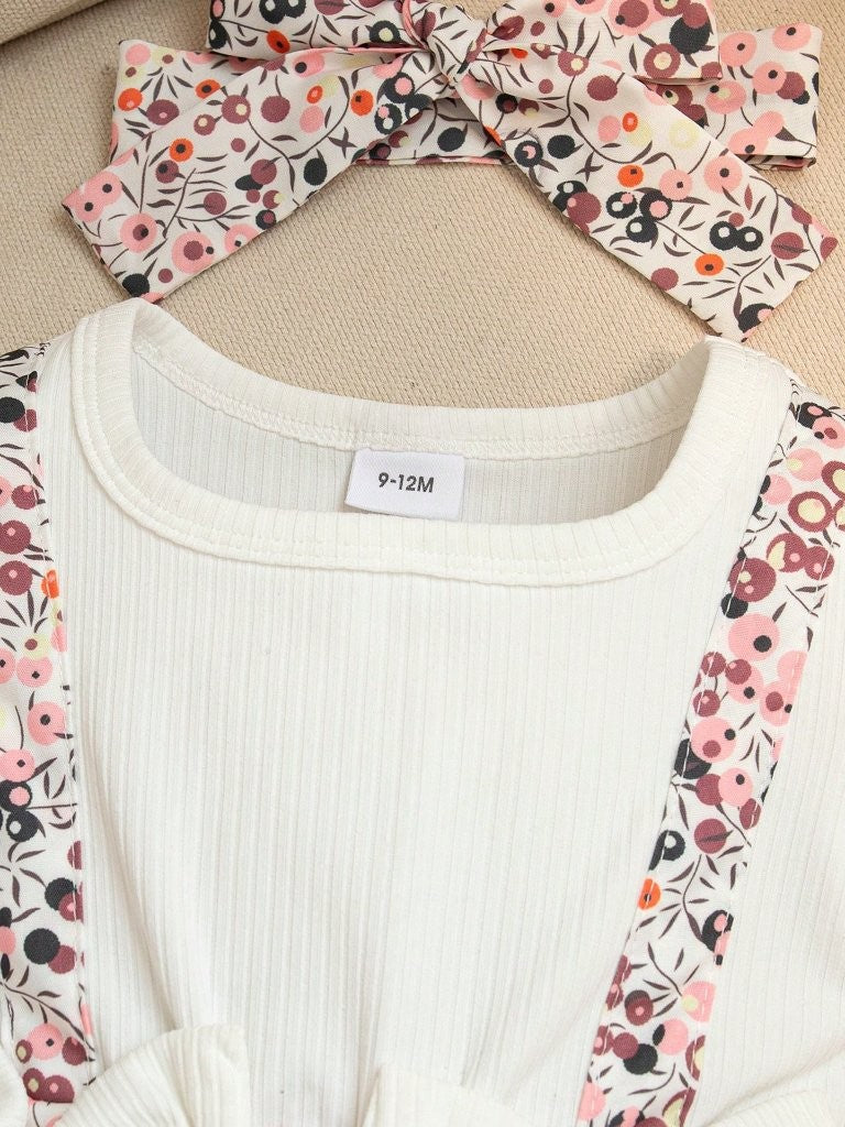 Baby Cute Floral Pattern Bodysuit Dress With Headband