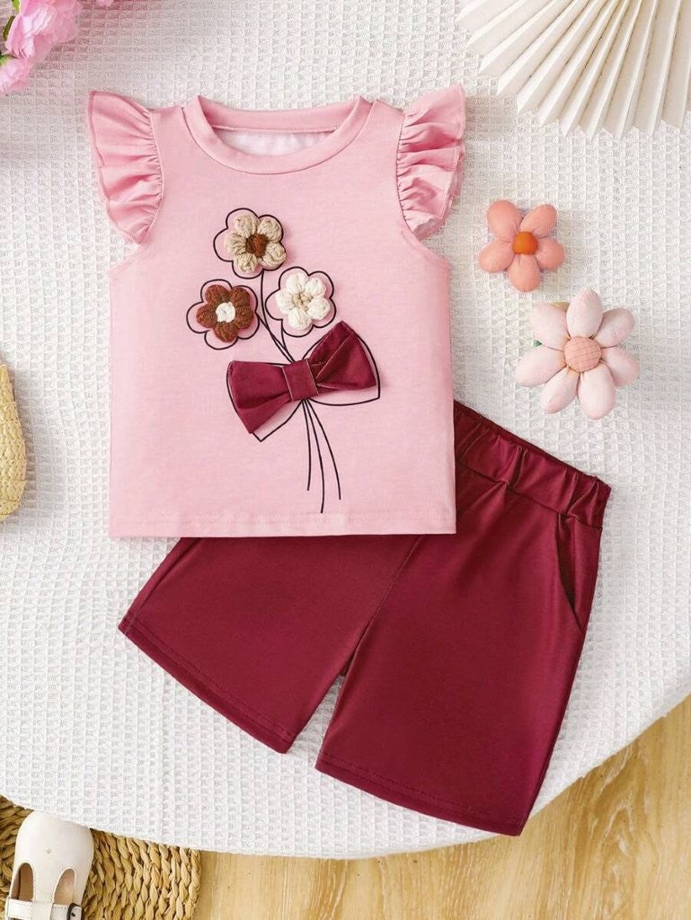 Baby 3D Flower Print Tee And Shorts Set