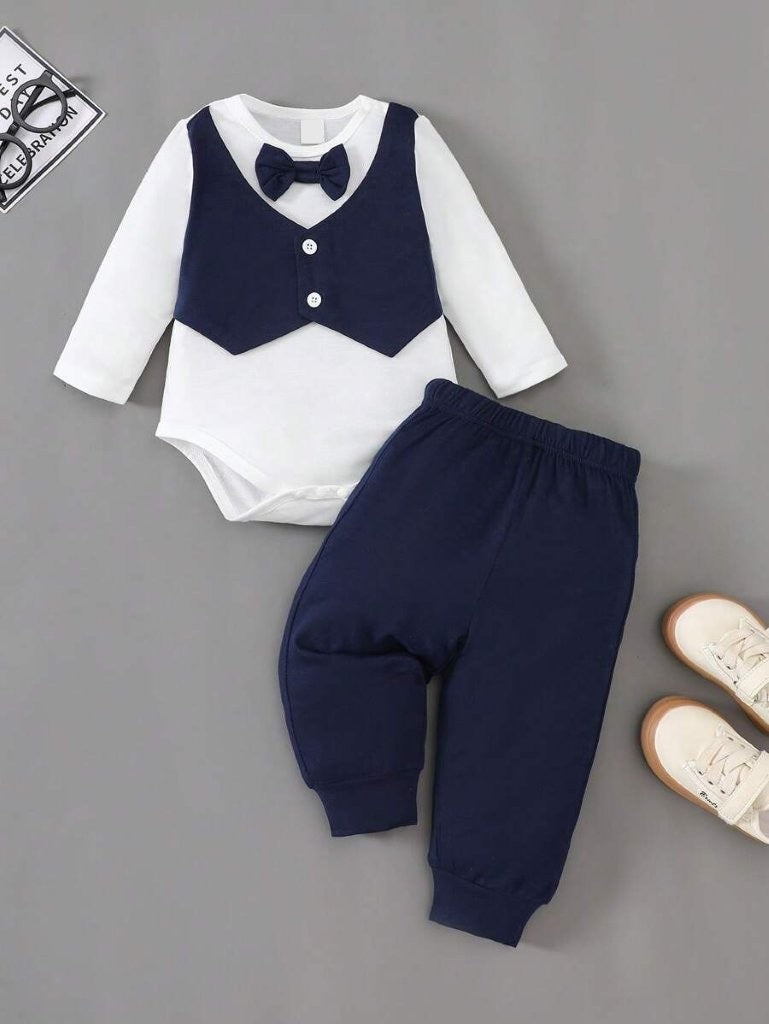 Baby Bow Tie Formal Bodysuit And Pants Set Royal Blue