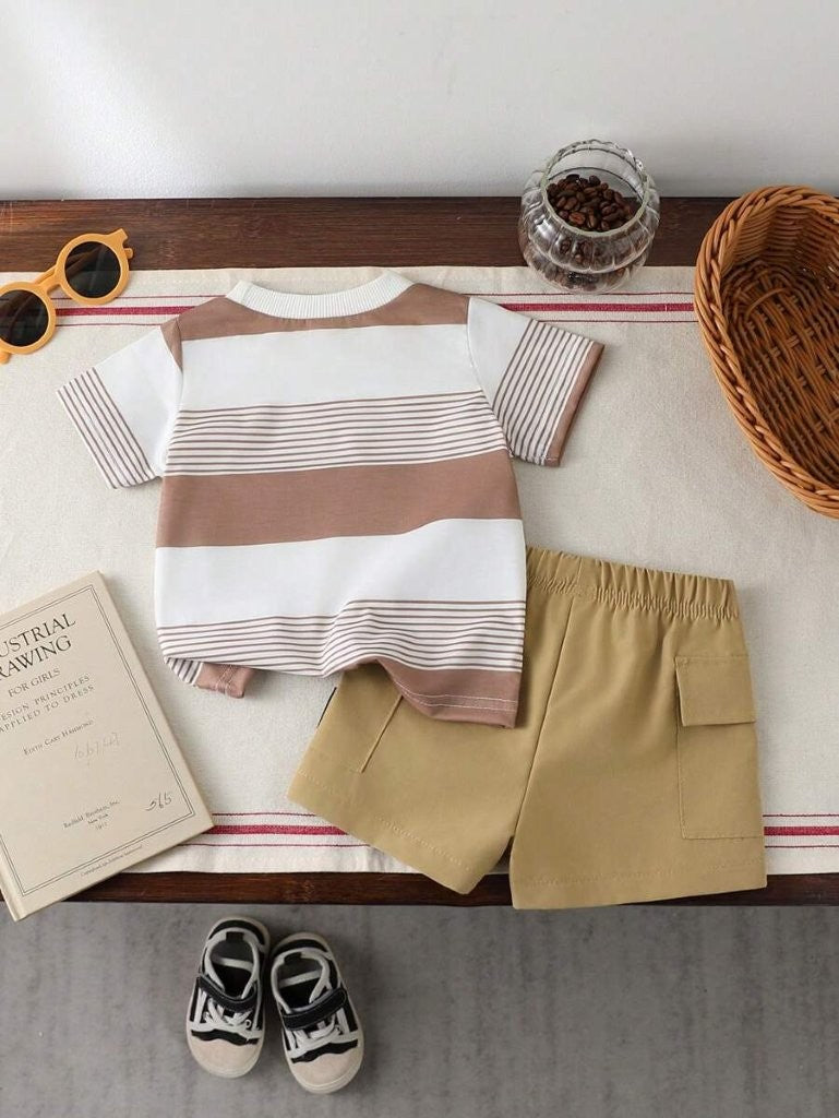 Baby Stripe Tee And Shorts Set Khaki