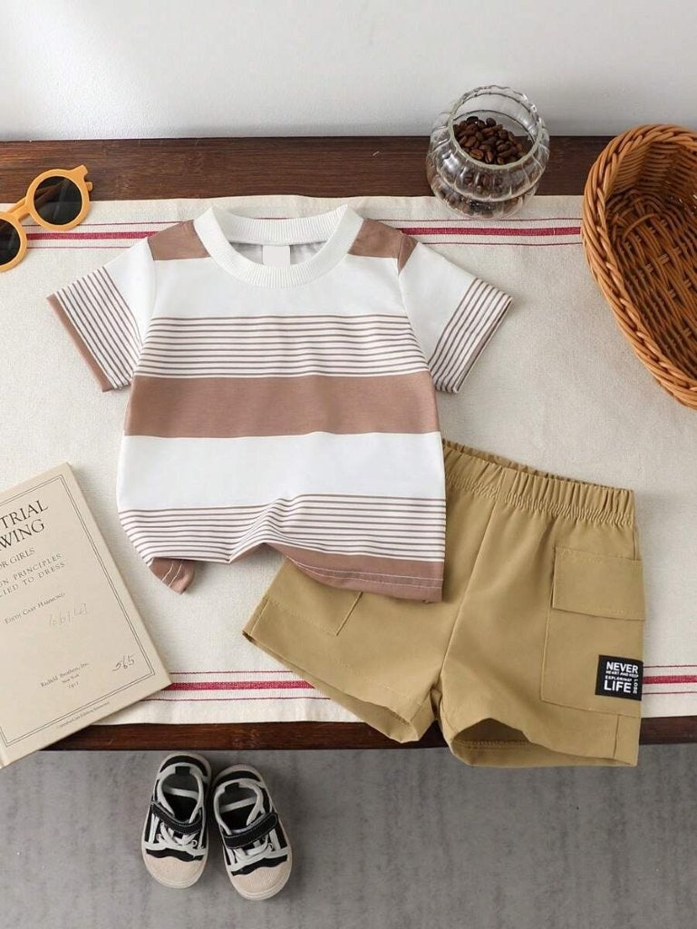 Baby Stripe Tee And Shorts Set Khaki