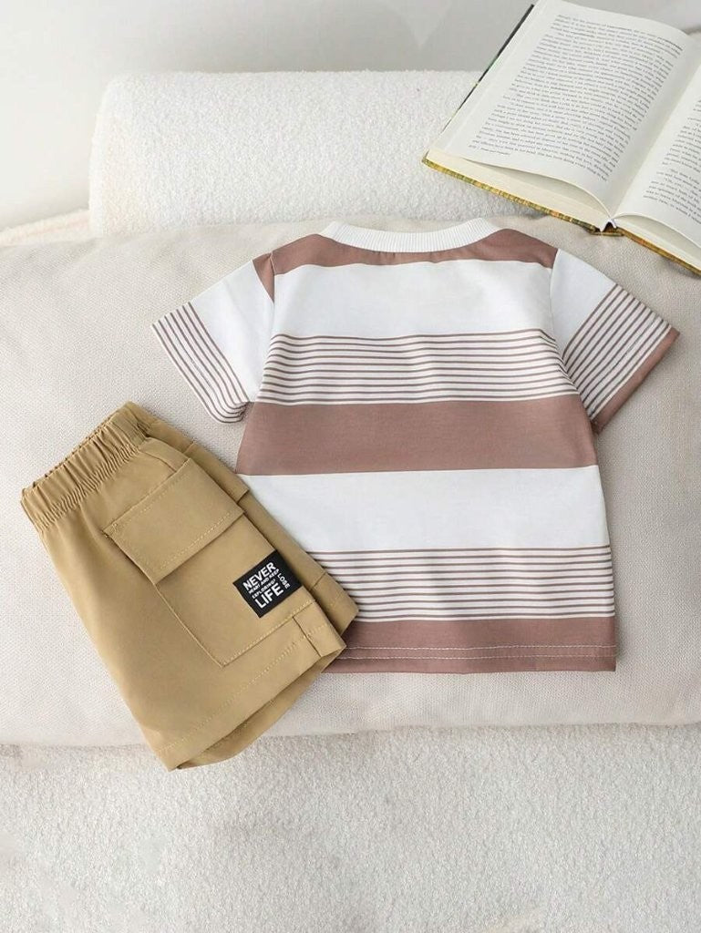 Baby Stripe Tee And Shorts Set Khaki