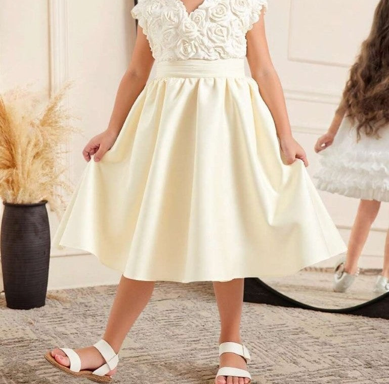 Toddler Girls 3D Rose Pattern V Neck Dress Apricot