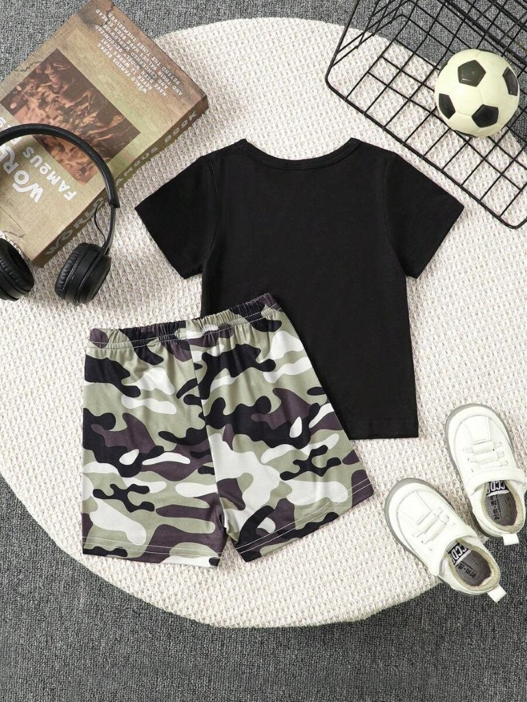 Baby Camo Letter Print Tee And Shorts Set