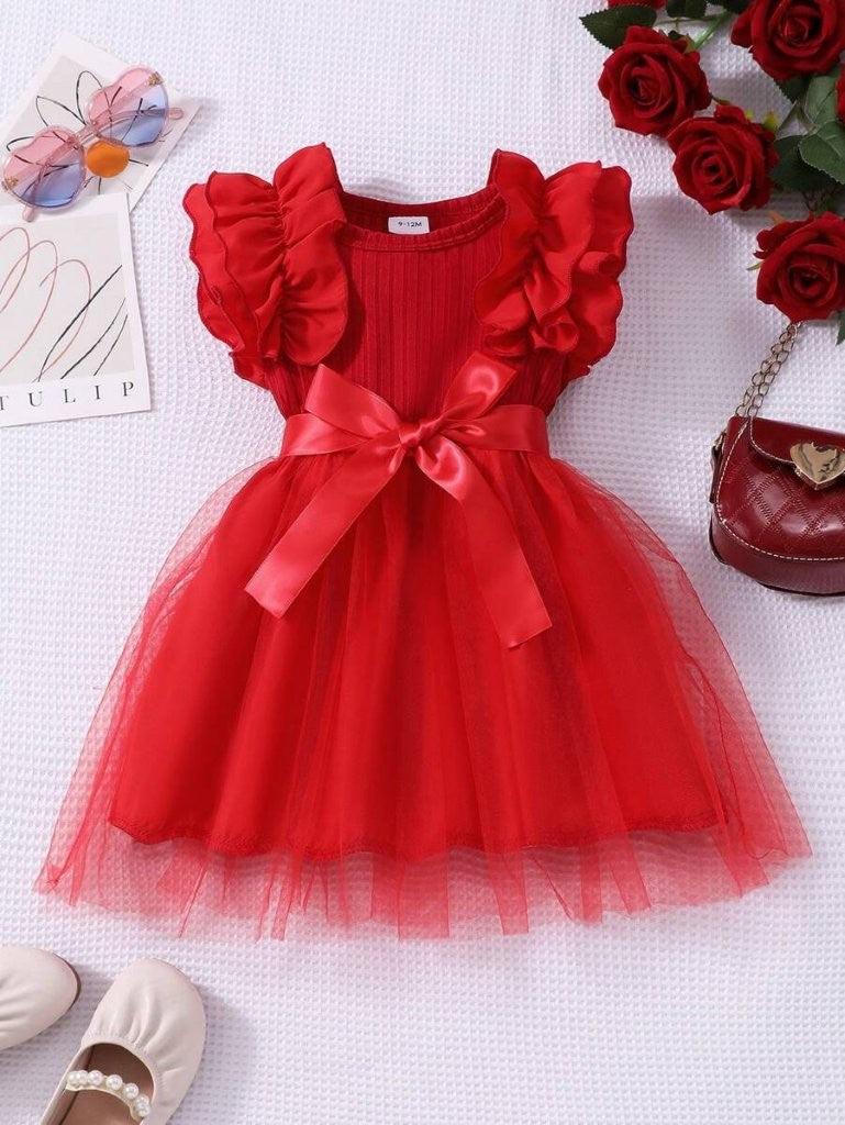 Baby Red Frilled Sleeve Tulle Dress