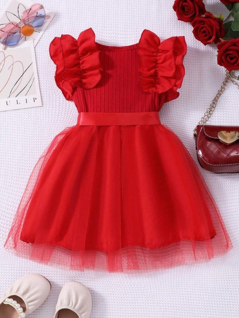 Baby Red Frilled Sleeve Tulle Dress