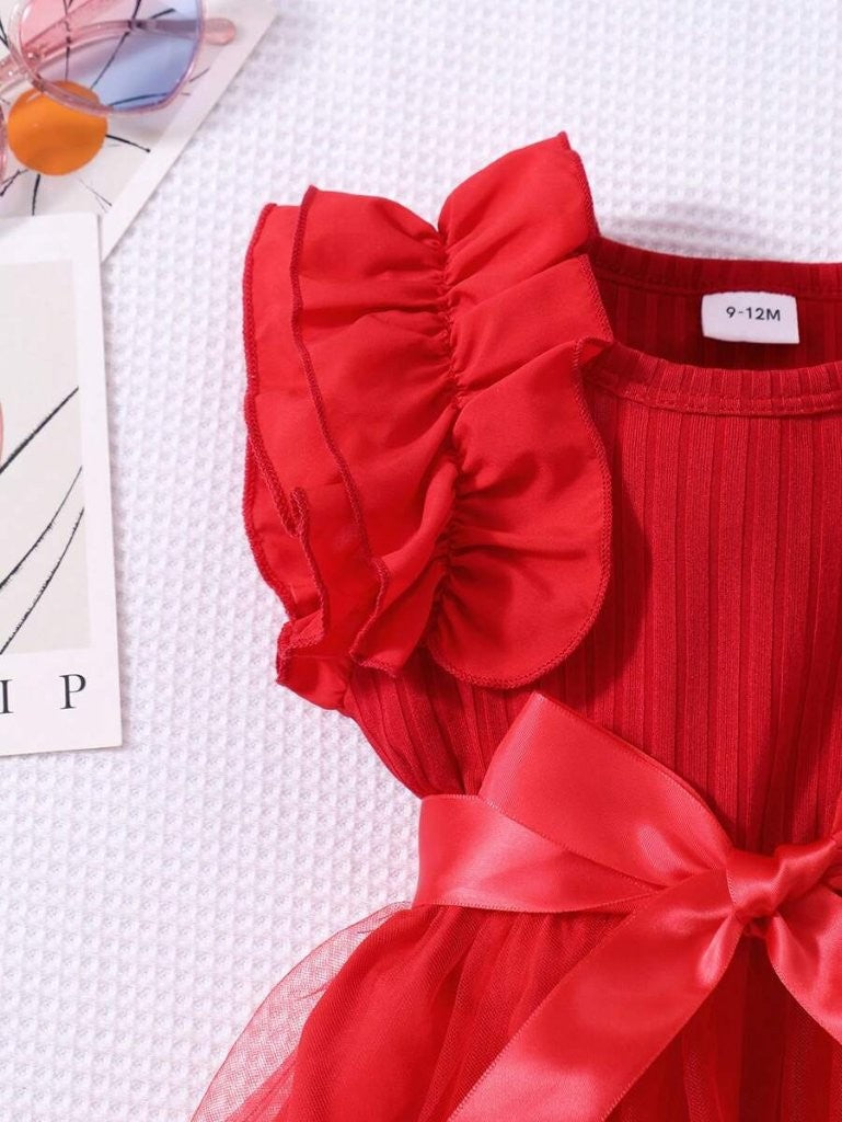 Baby Red Frilled Sleeve Tulle Dress