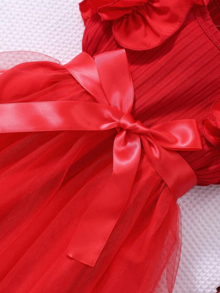 Baby Red Frilled Sleeve Tulle Dress