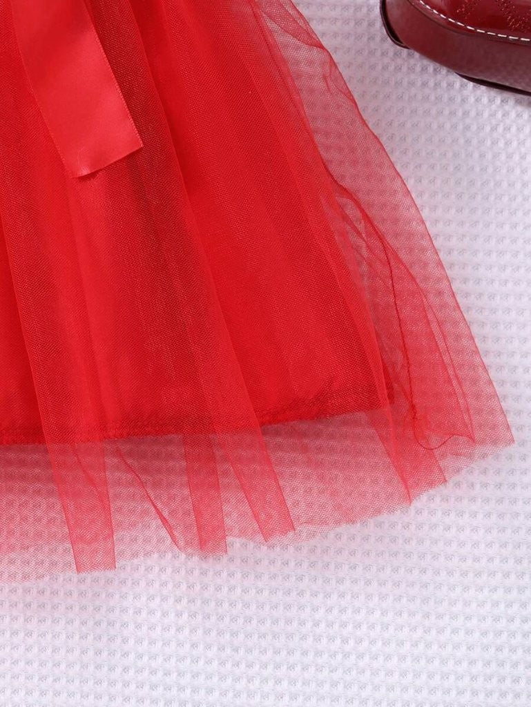 Baby Red Frilled Sleeve Tulle Dress