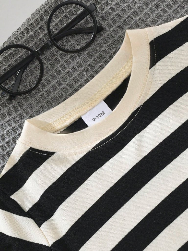 Baby Stripe Crew Neck Tee With Shorts Set