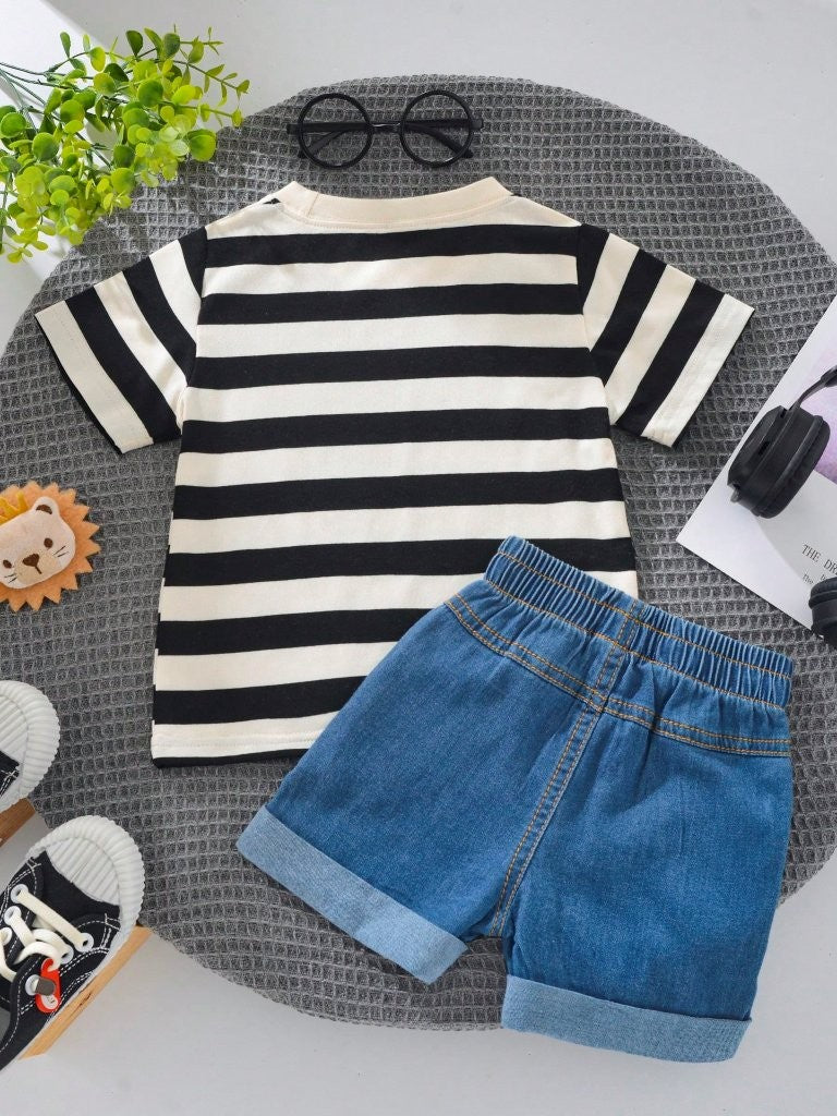 Baby Stripe Crew Neck Tee With Shorts Set