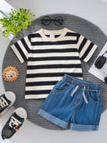 Baby Stripe Crew Neck Tee With Shorts Set