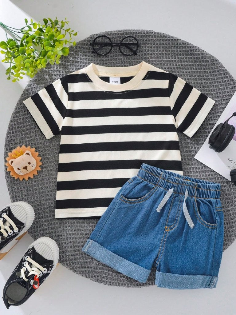 Baby Stripe Crew Neck Tee With Shorts Set