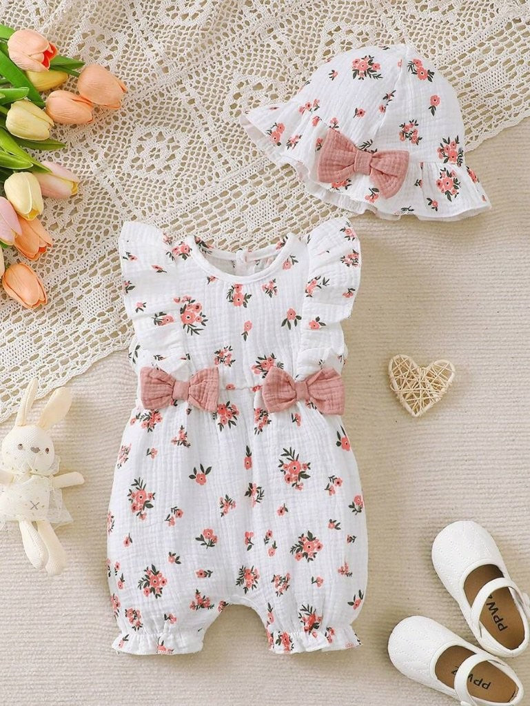 Baby Double Bow Flower Print Sleeveless Romper With Hat