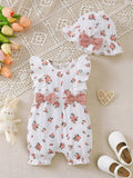 Baby Double Bow Flower Print Sleeveless Romper With Hat